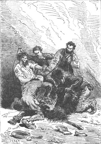 The ape was thrown to the ground and tied.